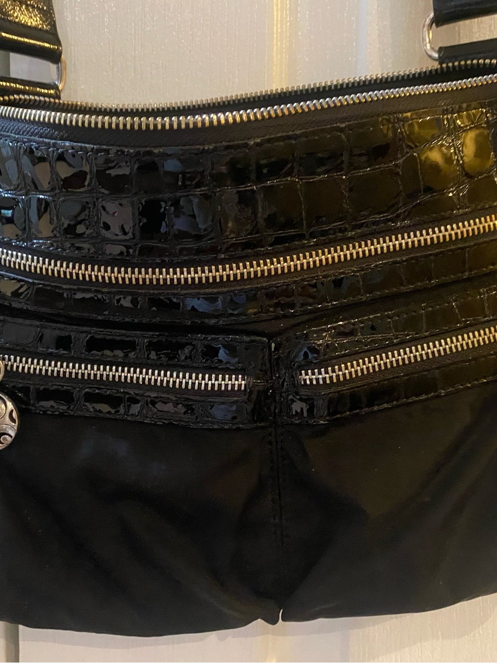Brighton Black Patent Croc-Trim Shoulder Bag with Silver Zippers